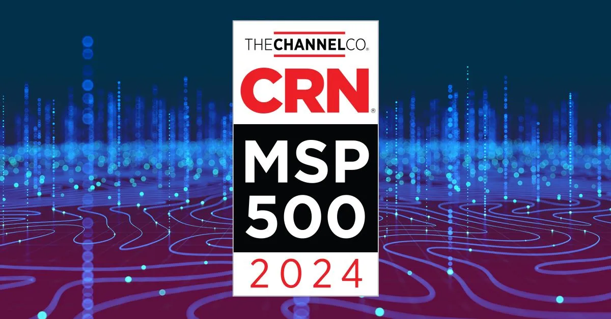 Badge declaring the CRN MSP 500 for 2024 in front of a blue and purple abstract techy background