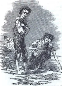 Etching of three ragged and starving people. Titled "Skibbereen" by James Mahony, 1847