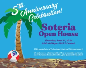 Illustration: palm tree and beach ball on lo-res angular sand with a blue background. Text is an invitation to Soteria's Open House, June 2024