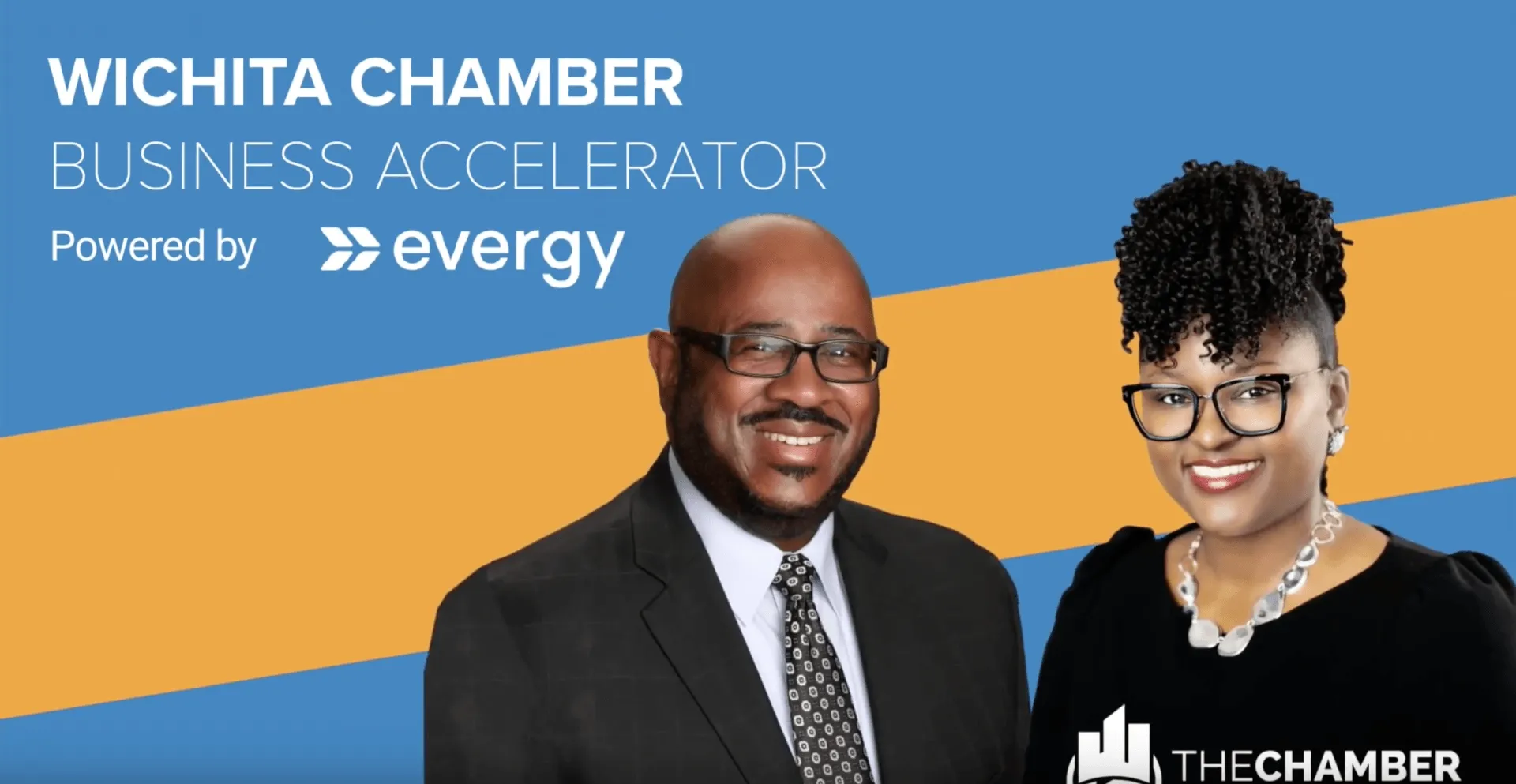 Portraits of two smiling black professionals in front of the Wichita Chamber Business Accelerator logo