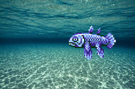gif of a pixelated fish in front of a photo of shallow water